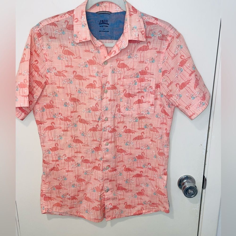 IZOD Saltwater Mens Hawaiian Pink Flamingos Print Short Sleeve shirt cruise sz S